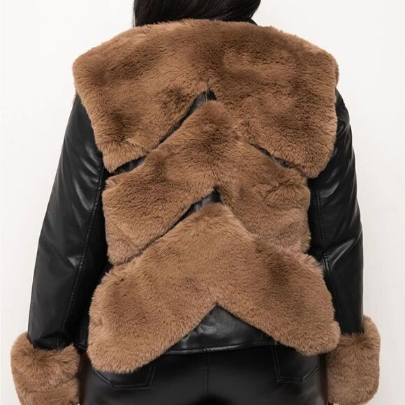 NWT Azalea Wang Faux Fur Leather Moto Jacket -Black & Brown - Size 1X - Picture 5 of 16